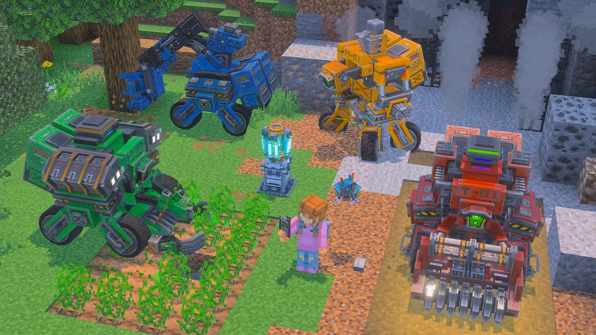 The four worker robots gathered around a player