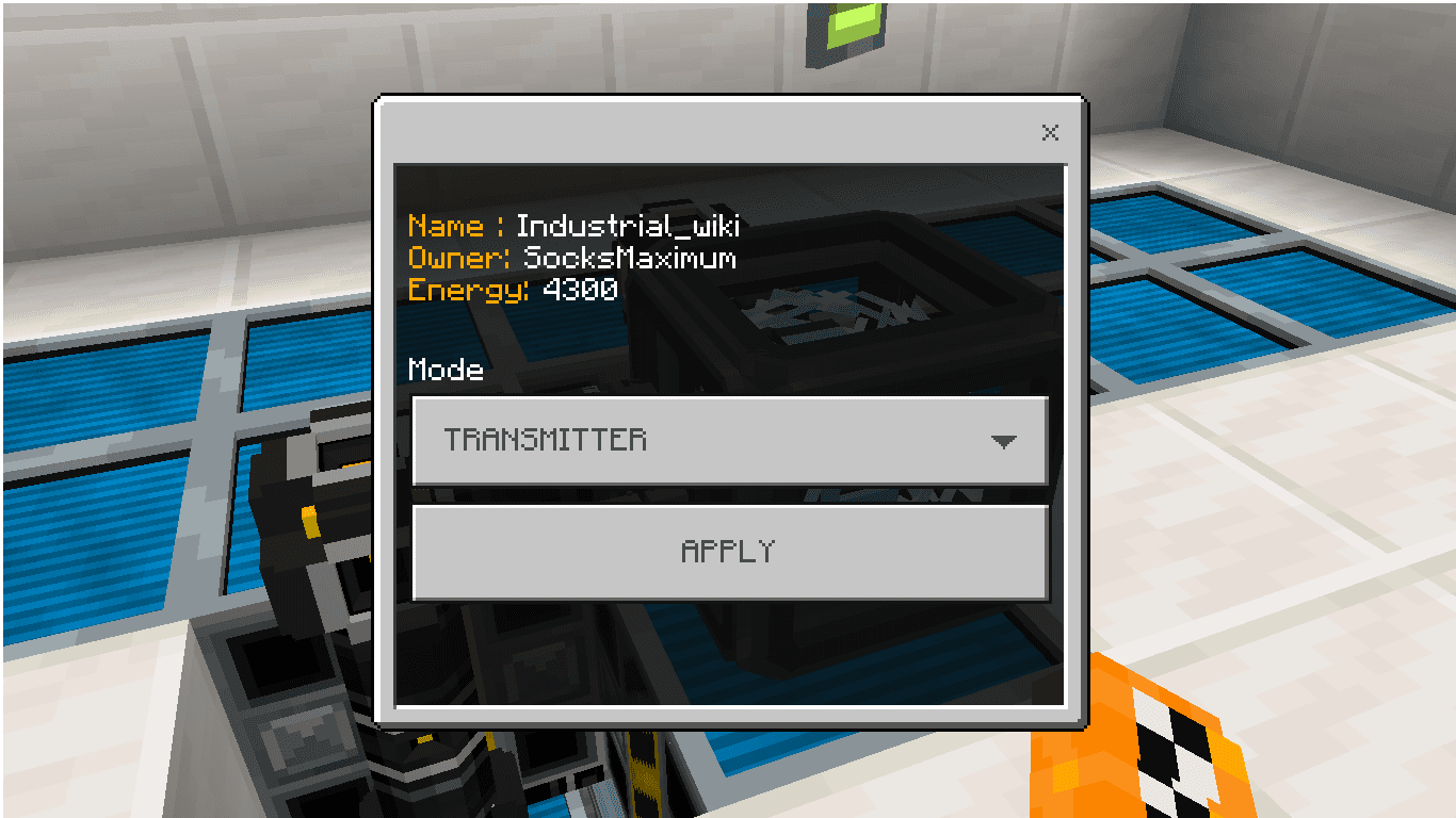 The Energy Transmitter menu: network name, owner, stored energy and mode.