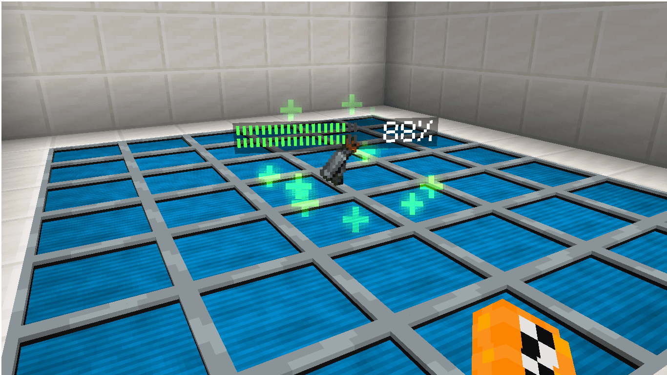 A floor of Pad Chargers recharging a dropped tool; the bar shows its charge.