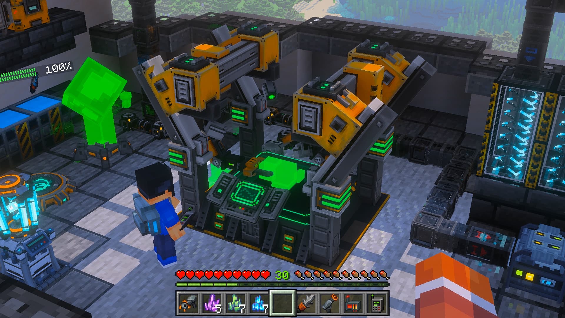 A player operating the crafting machines in an Industrial workshop